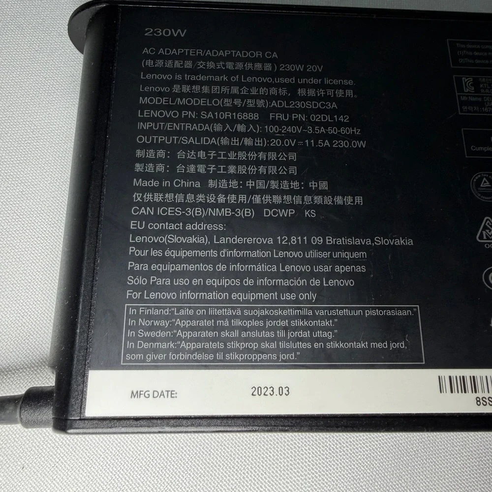 Lenovo 230W AC Adapter Charger ADL230SDC3A 20V 11.5A Slim Tip SA10R16888 02DL142